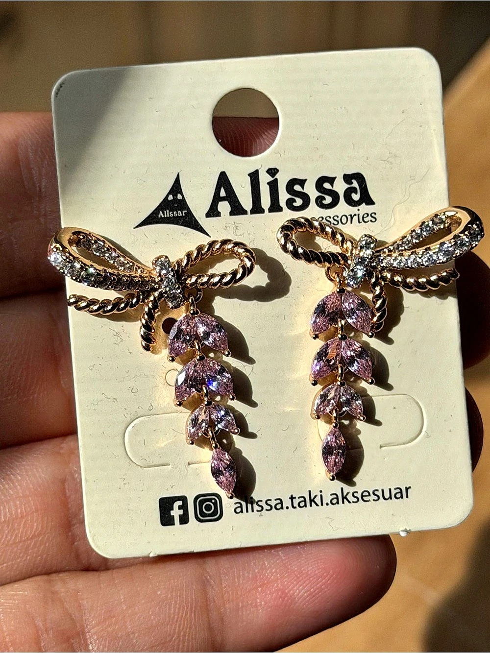 Gold Bow & Pink Crystal Drop Earrings